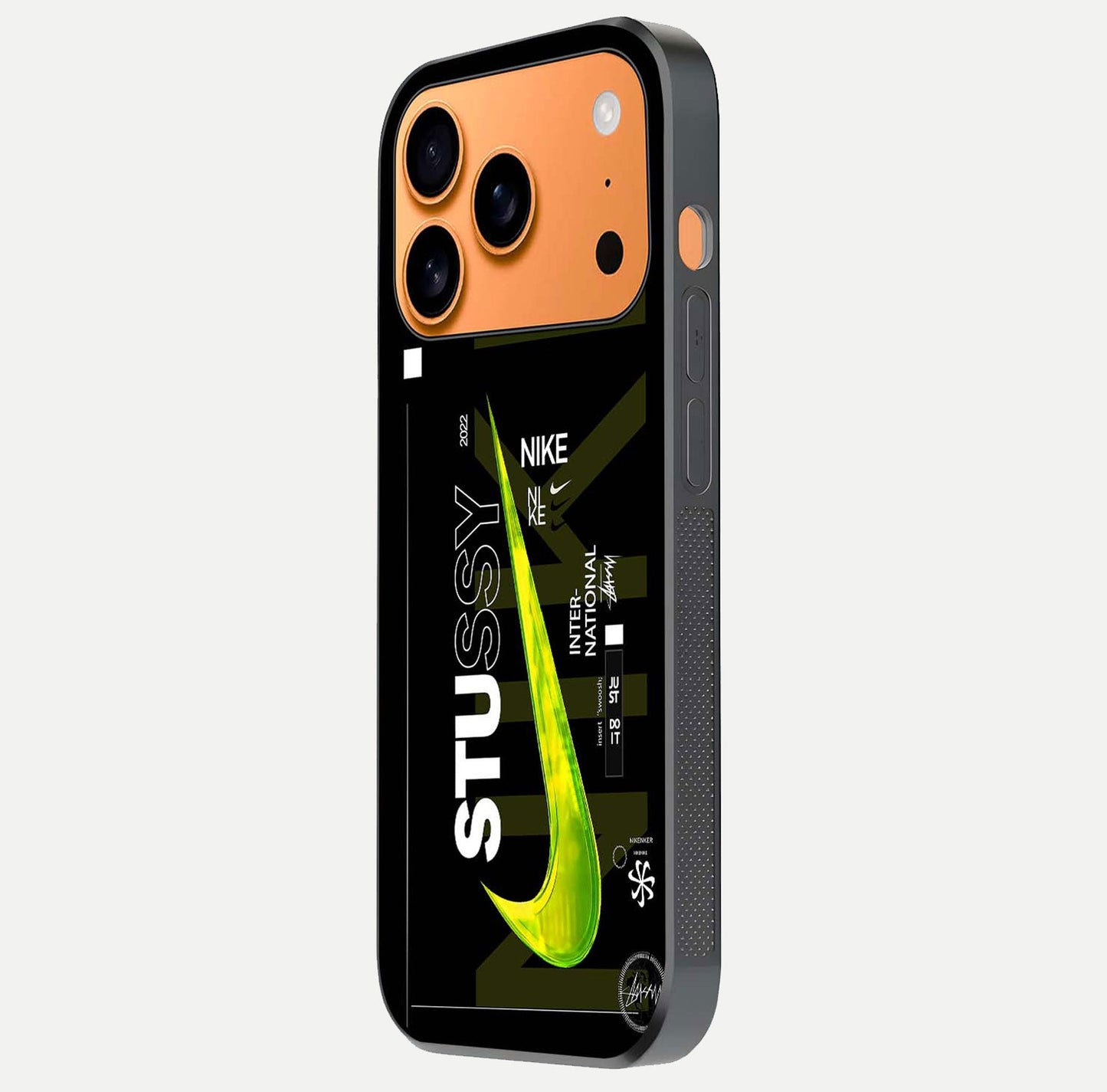 Neon Street Edition Glass Case for iPhone 17 Pro Max side-angle image showing reflection depth and modern tones