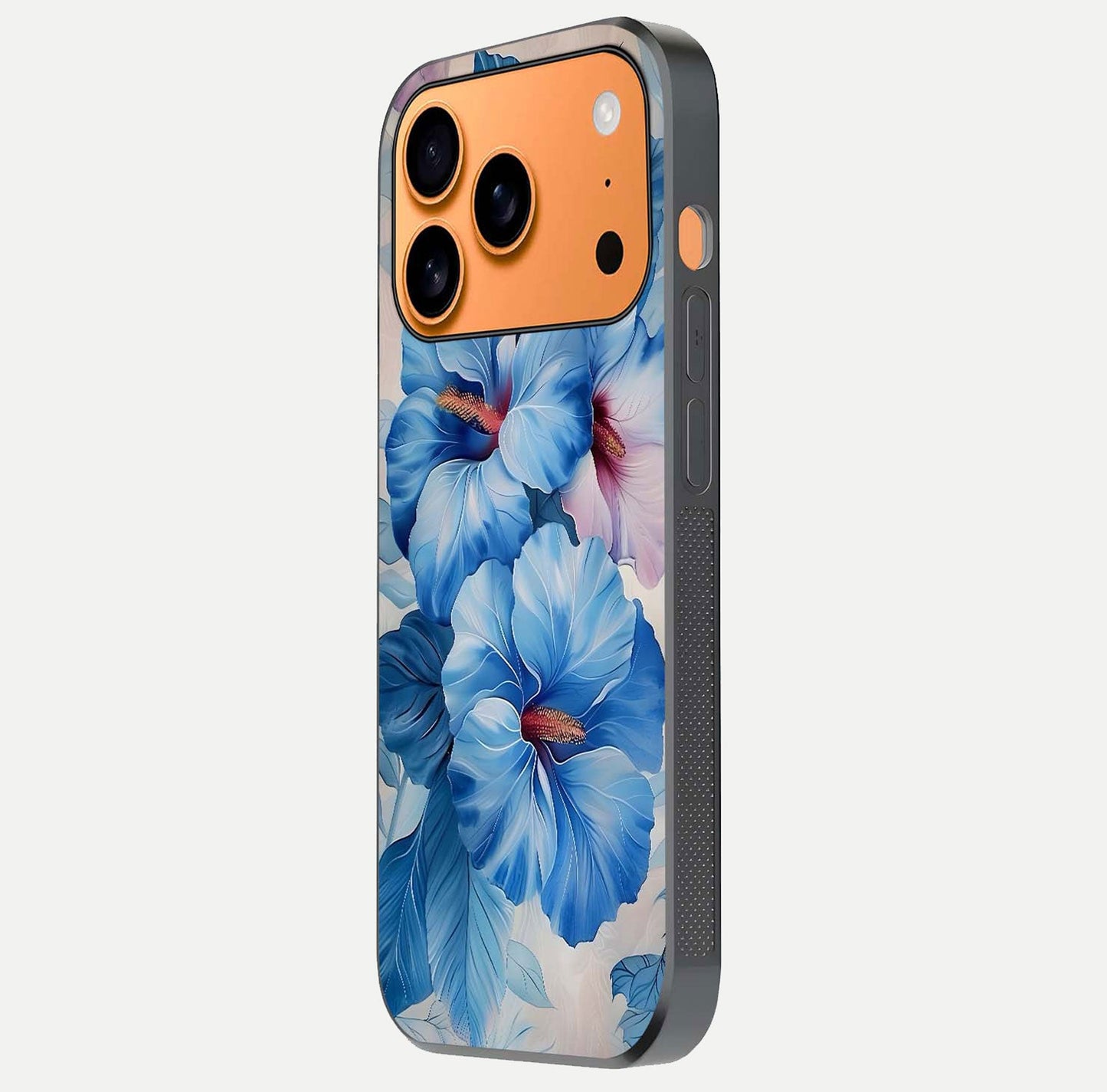 Ocean Hibiscus Grace Glass Case for iPhone 17 Pro Max side-angle image showing smooth texture and hibiscus details