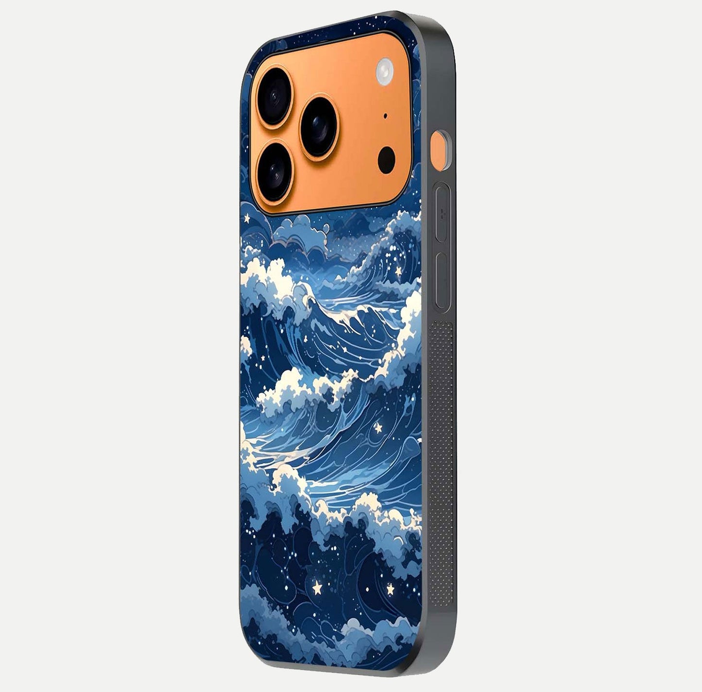 Ocean Moon Waves Glass Case for iPhone 17 Pro Max side-angle image showing shine and ocean gradient tones