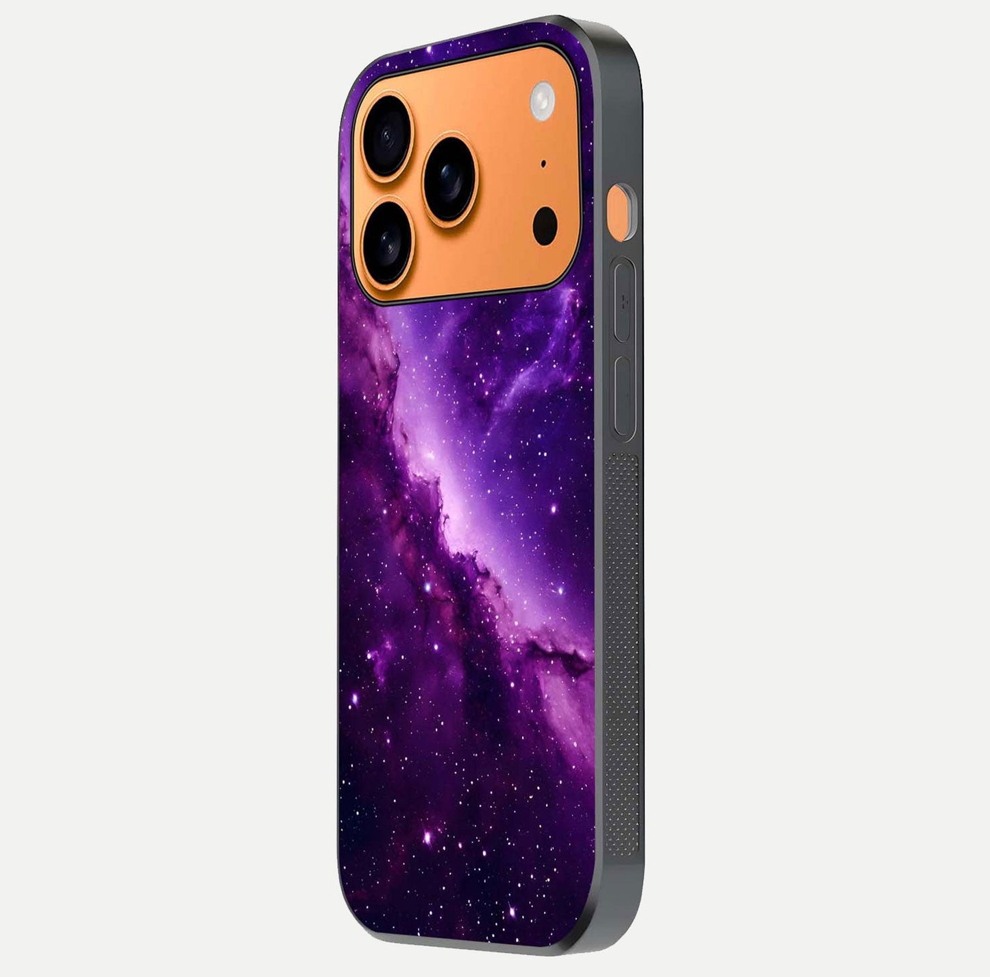 Purple Shade Sky Glass Case for iPhone 17 Pro Max side-angle image showing shine and soft violet blend