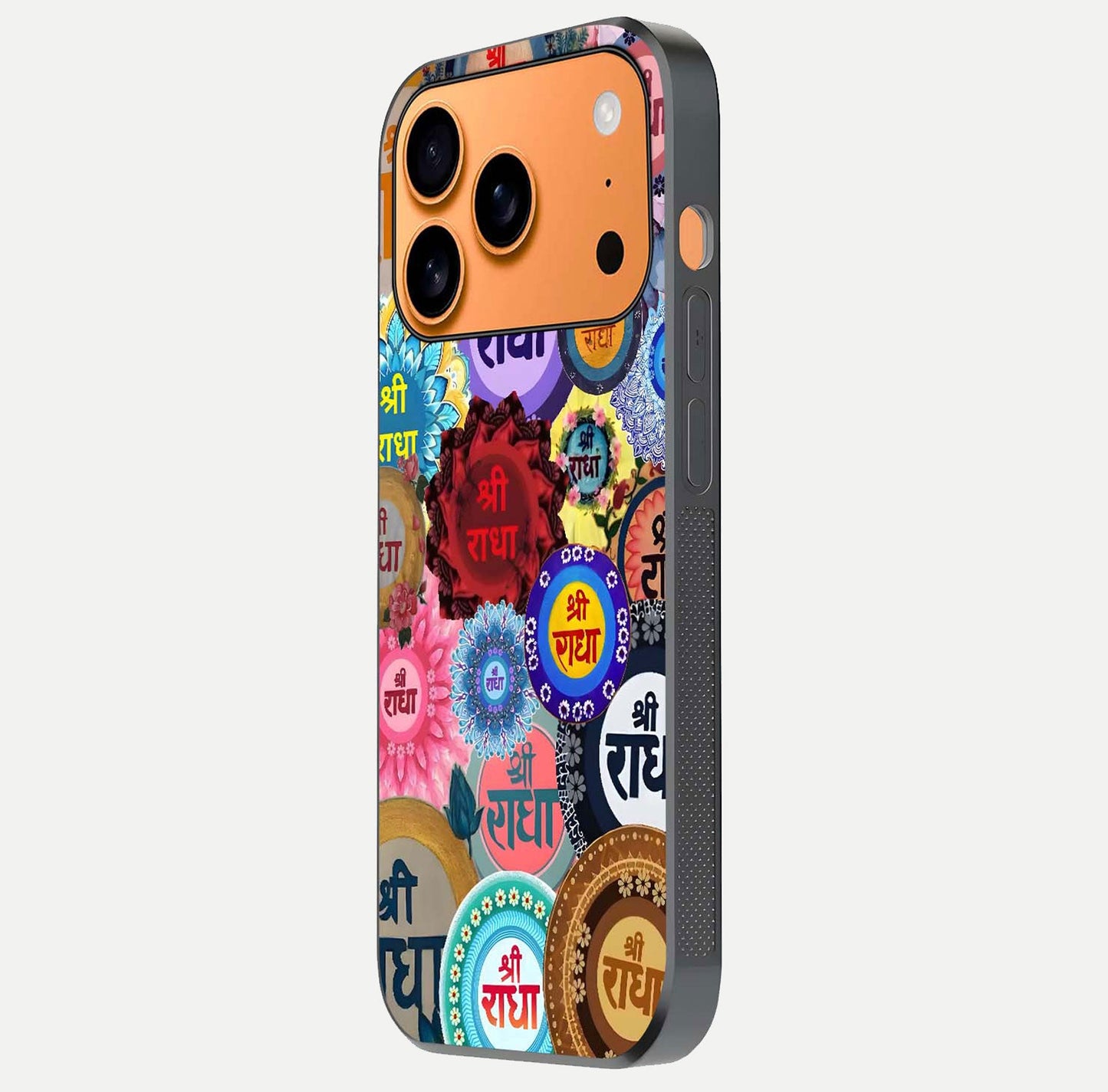 Radha Divine Bloom Glass Case for iPhone 17 Pro Max side-angle image showing shine, reflection, and floral motif