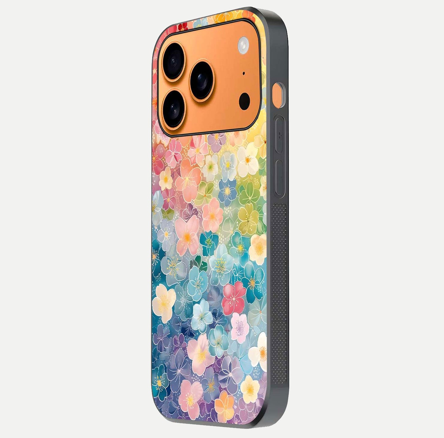 Rainbow Blossom Burst Glass Case for iPhone 17 Pro Max side-angle image showing reflection and floral burst detail