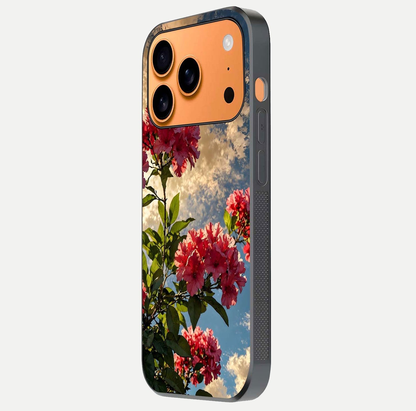 Red Bloom Skies Glass Case for iPhone 17 Pro Max side-angle image showing reflection, print clarity, and tone blend