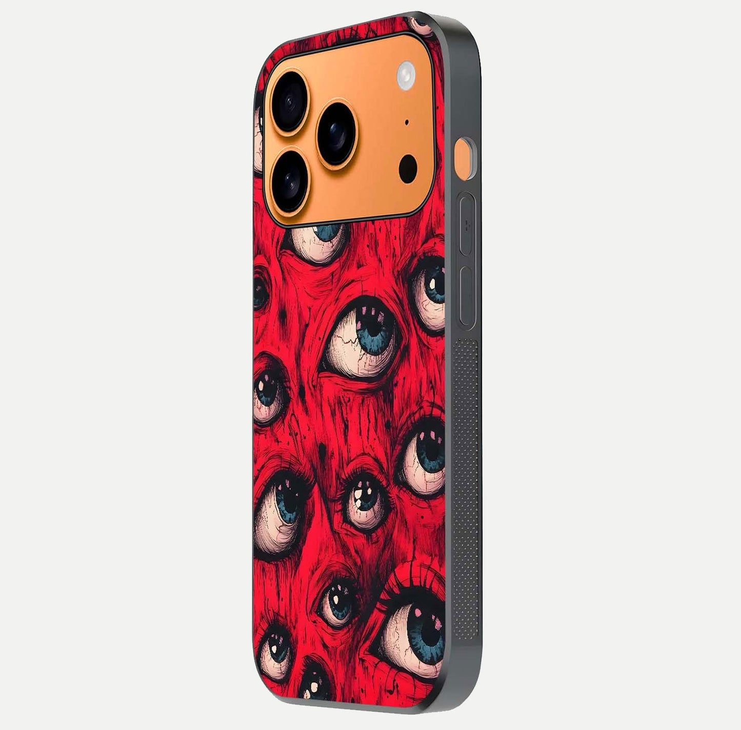 Red Eyes Pattern Glass Case for iPhone 17 Pro Max side-angle image showing shine, detail, and red tone clarity