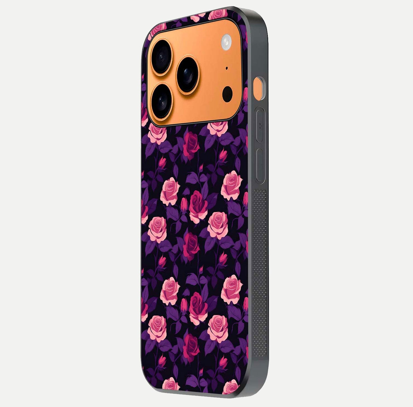 Rose Garden Twilight Glass Case for iPhone 17 Pro Max side-angle image showing reflection, gloss, and floral detail
