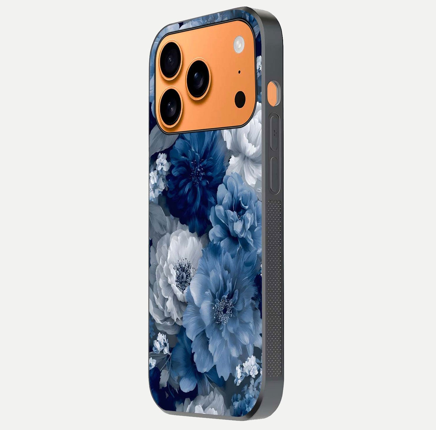 Royal Bloom Garden Glass Case for iPhone 17 Pro Max side-angle image showing floral pattern, edges, and reflection