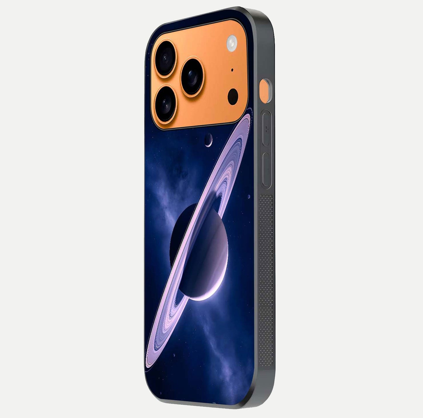 Saturn Ring Mystique Glass Case for iPhone 17 Pro Max side-angle image showing shine and galaxy ring focus