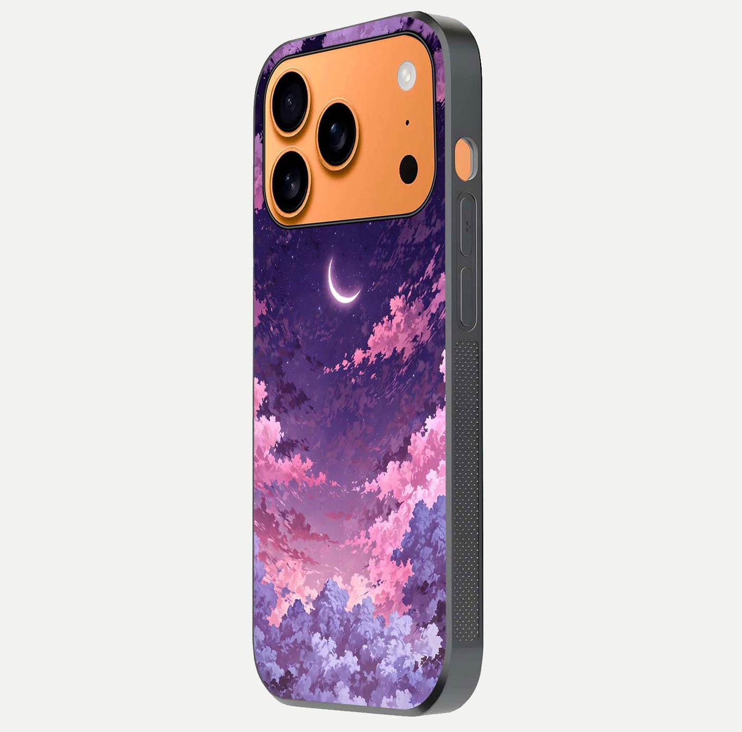 Sky Drift Clouds Glass Case for iPhone 17 Pro Max side-angle image showing reflection, blue tones, and soft gradient