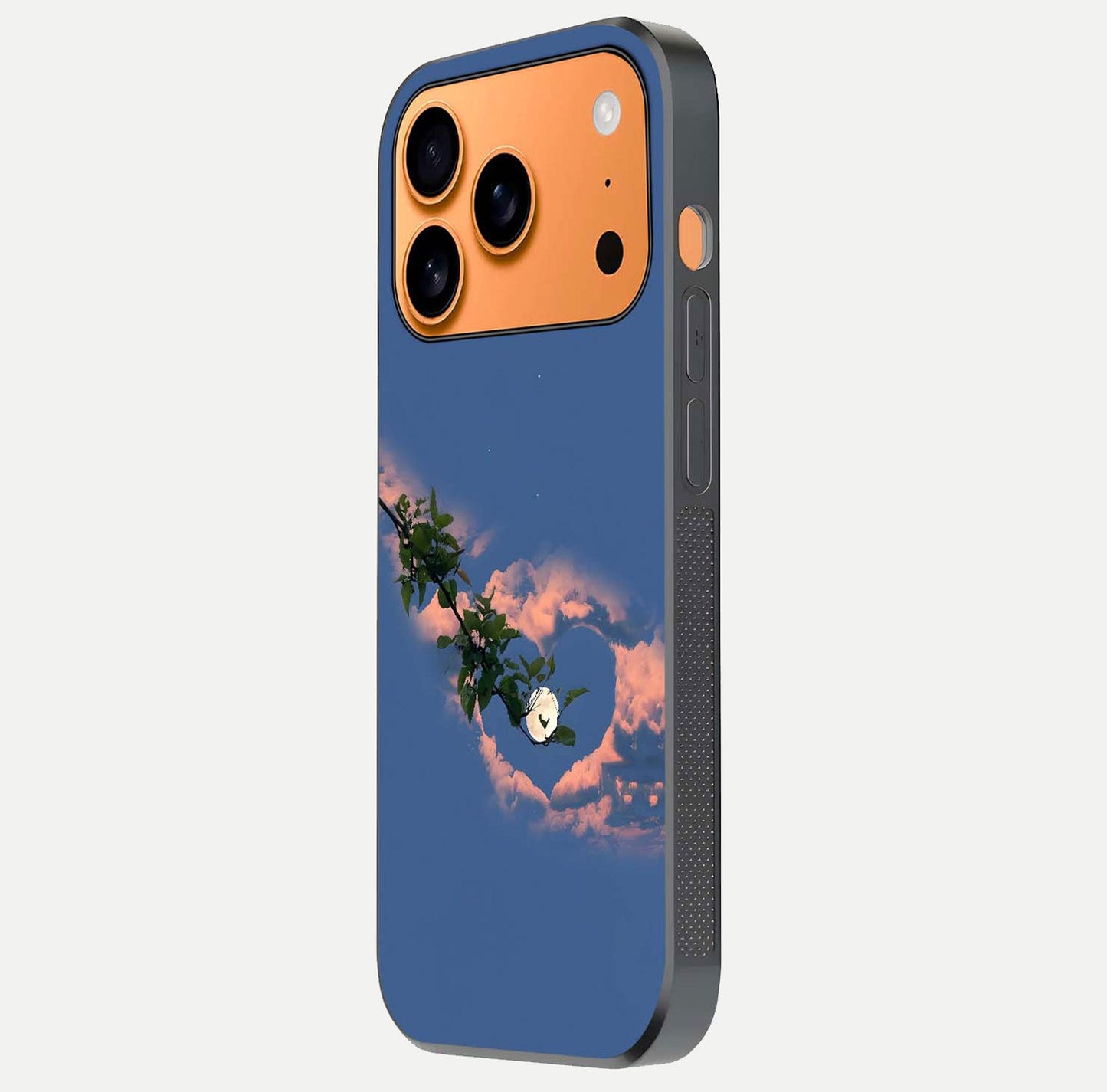 Sky Under Tree Glass Case for iPhone 17 Pro Max side-angle image showing shine, edge texture, and scenic detail