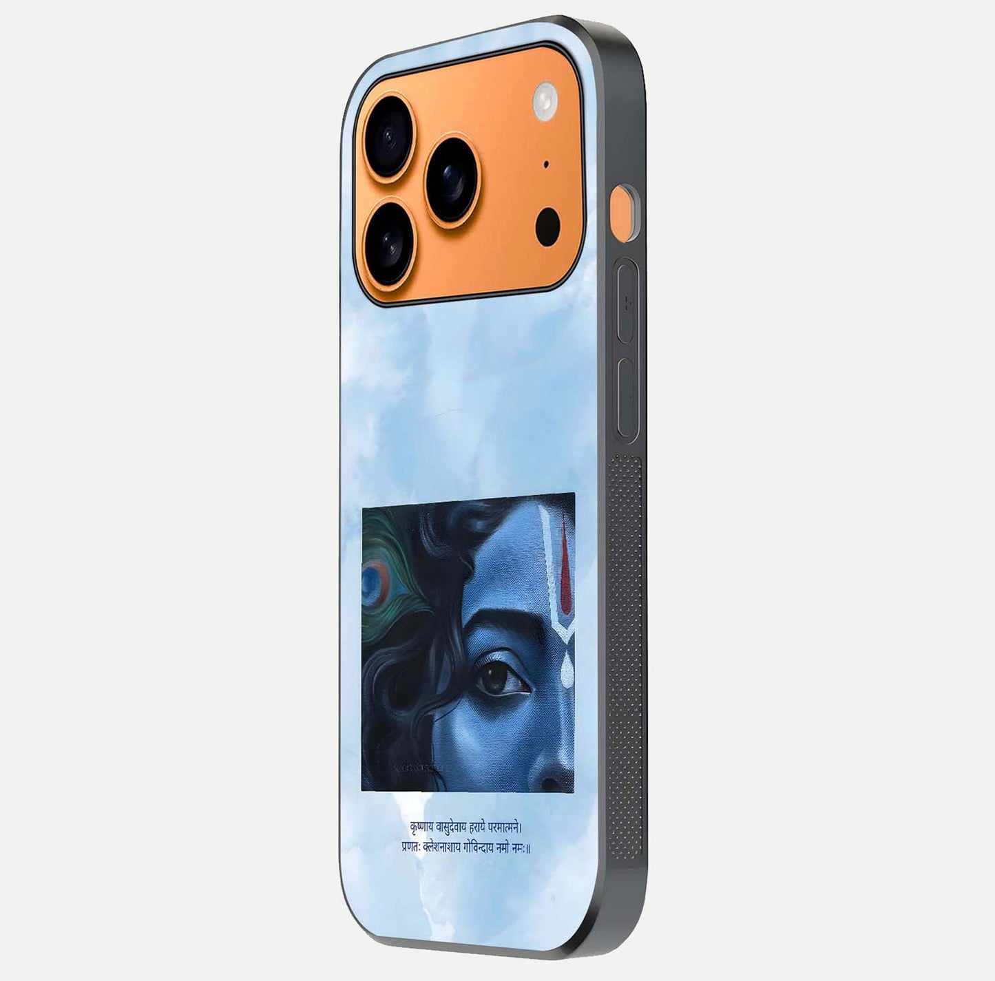 Spiritual Krishna Glass Case for iPhone 17 Pro Max side-angle image showing reflection and vivid artwork clarity