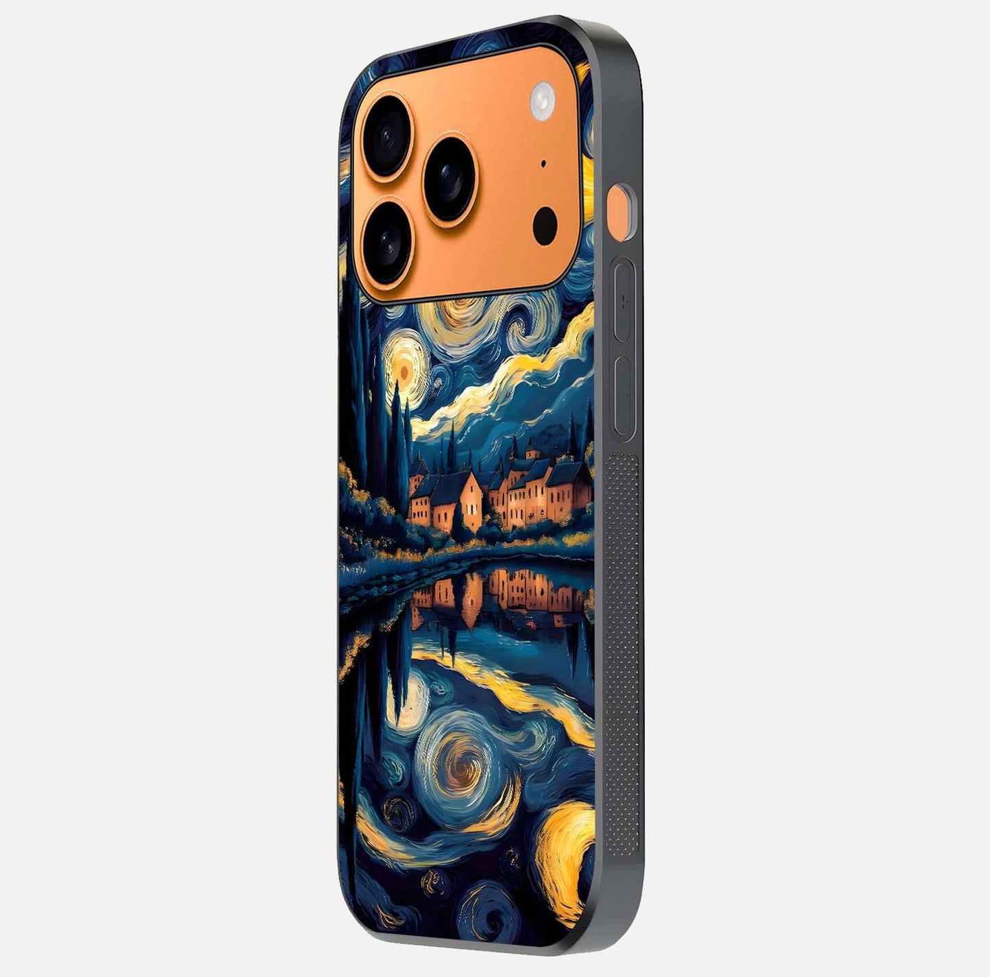 Starry Sky Serenity Glass Case for iPhone 17 Pro Max side-angle image showing reflection and night-sky detail
