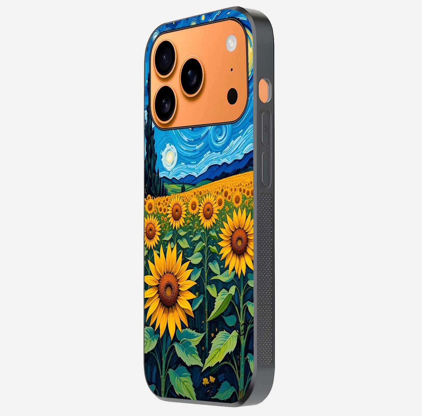 Starry Sunflower Dreams Glass Case for iPhone 17 Pro Max side-angle image showing reflection, stars, and yellow tone