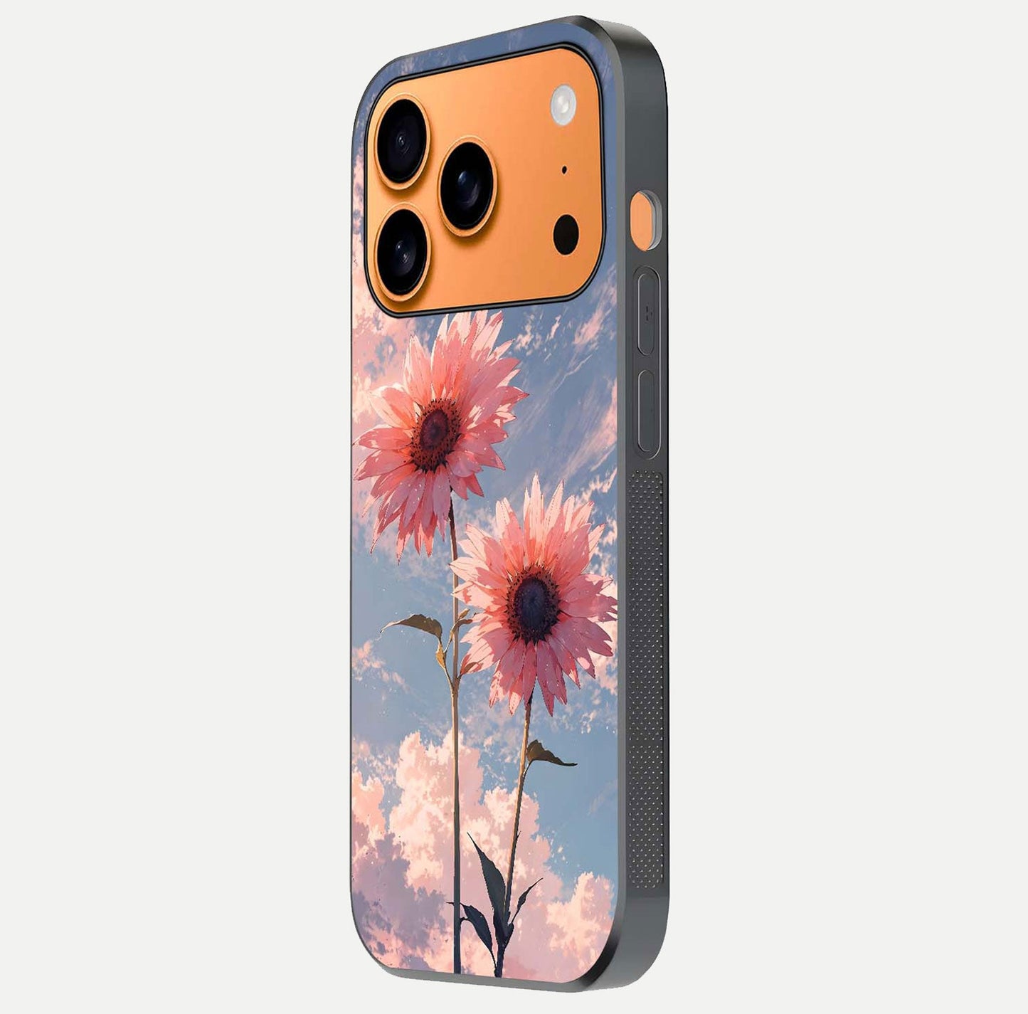 Sunlit Daisy Glow Glass Case for iPhone 17 Pro Max side-angle image showing shine, gloss, and floral highlight