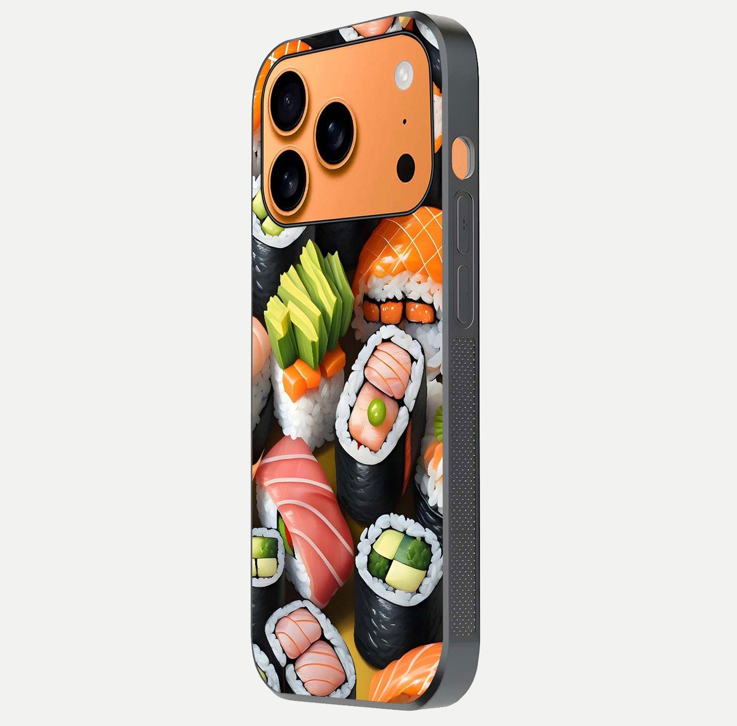 Sushi Food Pattern Glass Case for iPhone 17 Pro Max side-angle image showing shine, gloss, and sushi artwork
