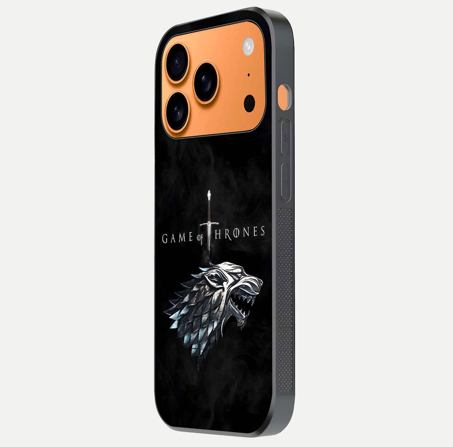 Throne Wolf Legacy Glass Case for iPhone 17 Pro Max side-angle image showing gloss, texture, and HD print