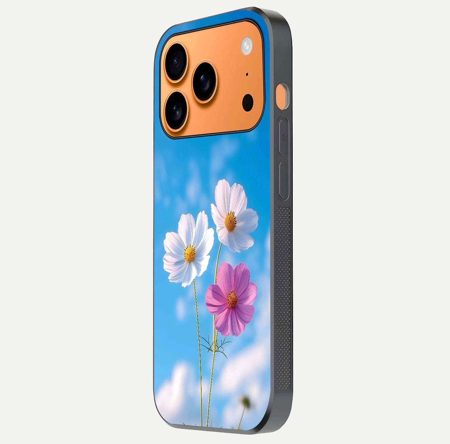 Triple Flowers With Sky Glass Case for iPhone 17 Pro Max side-angle image showing gloss, texture, and floral design
