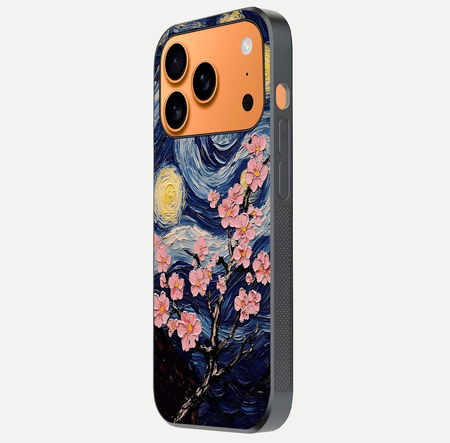 Van Gogh Scenery Glass Case for iPhone 17 Pro Max side-angle image showing shine, gloss, and scenic color palette