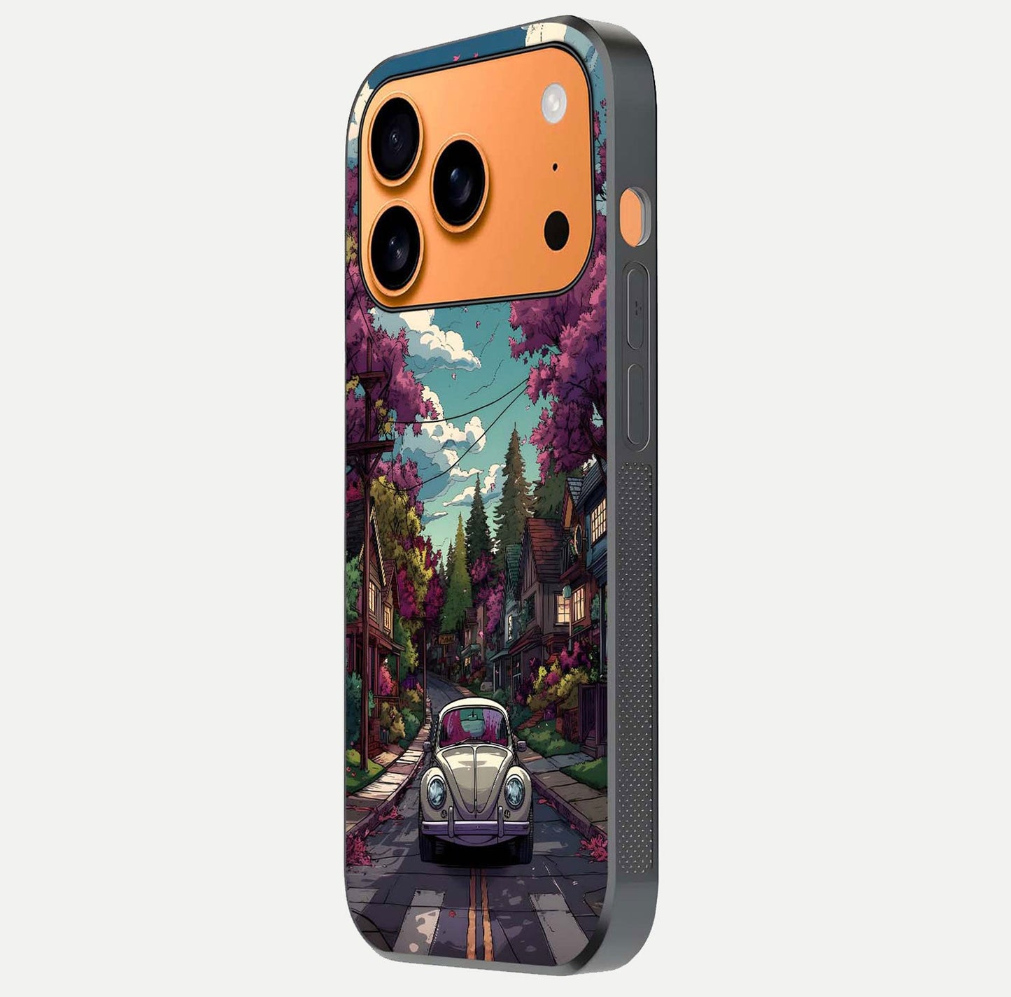 Vintage Street Drive Glass Case for iPhone 17 Pro Max side-angle image showing gloss reflection and design detail