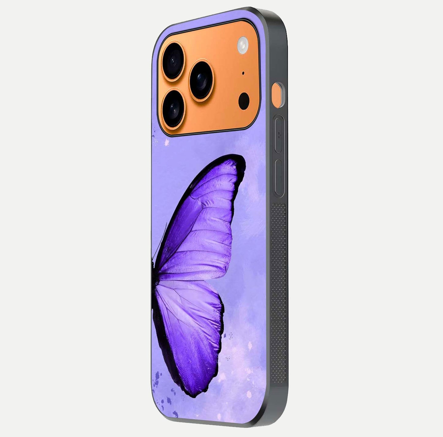 Violet Dream Wing Glass Case for iPhone 17 Pro Max side-angle image showing gloss, shine, and violet gradient