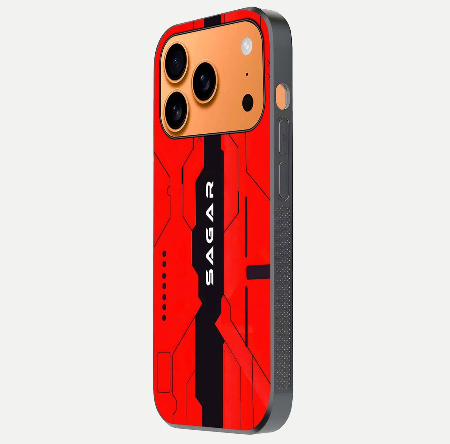 Voltage Rise CYBERPUNK Custom Name Glass Case for iPhone 17 Pro Max side-angle image showing gloss and cyberpunk detail