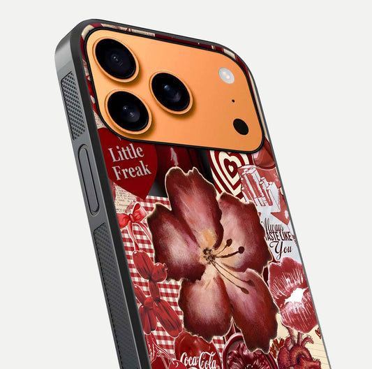 Aesthetic Little Freak Glass Case for iPhone 17 Pro Max close-up angled shot showing detailed artwork, bold design, and gloss reflection