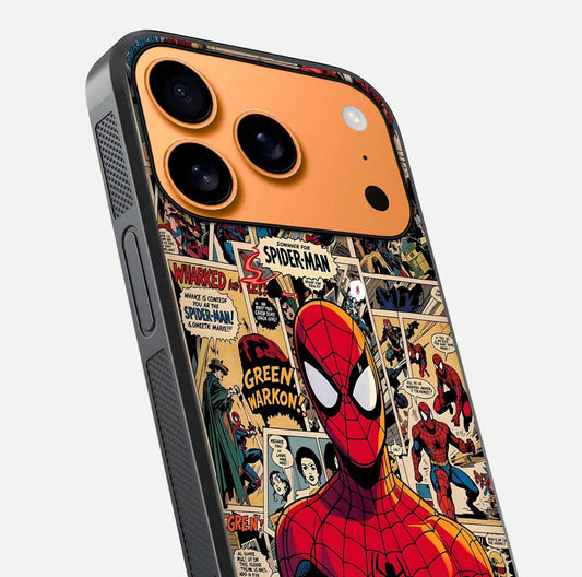 Aesthetic Spider Man Glass Case for iPhone 17 Pro Max close-up angled shot showing detailed Spider-Man artwork and gloss reflection
