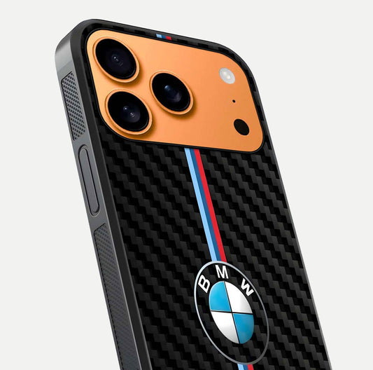 BMW Pattern Glass Case for iPhone 17 Pro Max close-up angle showing BMW logo detailing and high-reflect gloss texture