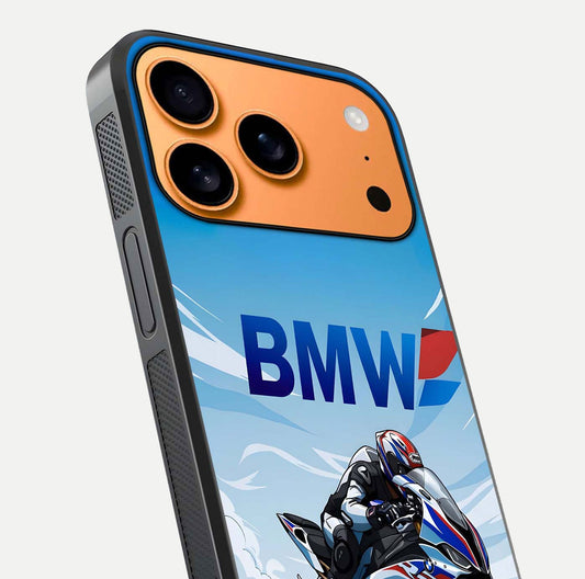 BMW Power Drift Glass Case for iPhone 17 Pro Max close-up view highlighting motion streaks and gloss shine