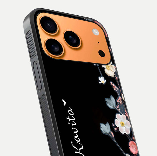Black Elegance Floral Custom Name Glass Case for iPhone 17 Pro Max close-up shot showing rose detailing and elegant reflection