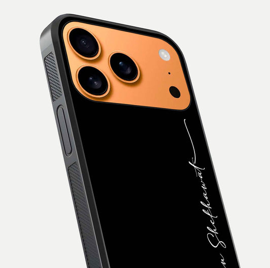 Black Tune Custom Name Glass Case for iPhone 17 Pro Max close-up shot highlighting sleek monochrome design and reflection