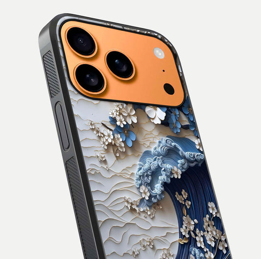 Blossom Wave Art Glass Case for iPhone 17 Pro Max close-up shot highlighting wave motion in floral art and reflection