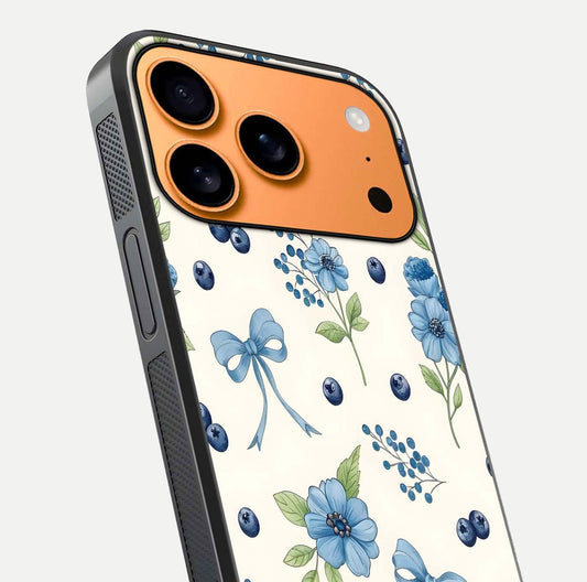 Blue Flower & Bow Glass Case for iPhone 17 Pro Max close-up shot highlighting ribbon detail and flower gloss finish