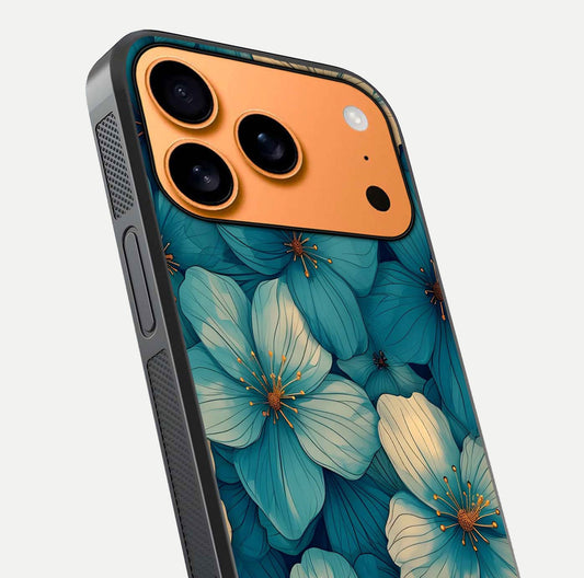 Blue Shade Floral Glass Case for iPhone 17 Pro Max close-up angle showing flower print precision and reflection