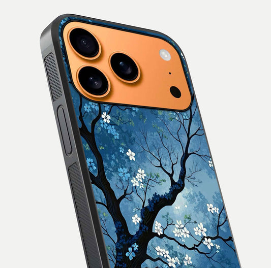Blue Tree Serenity Glass Case for iPhone 17 Pro Max close-up view highlighting tree branches and reflection gloss