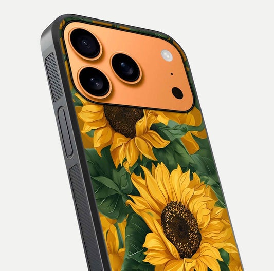 Bright Sunflower Bloom Glass Case for iPhone 17 Pro Max close-up image highlighting yellow petal detail and HD reflection