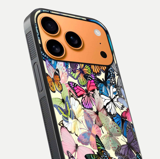 Butterflies Petal Dream Glass Case for iPhone 17 Pro Max close-up highlighting butterfly wings and pink petal gloss