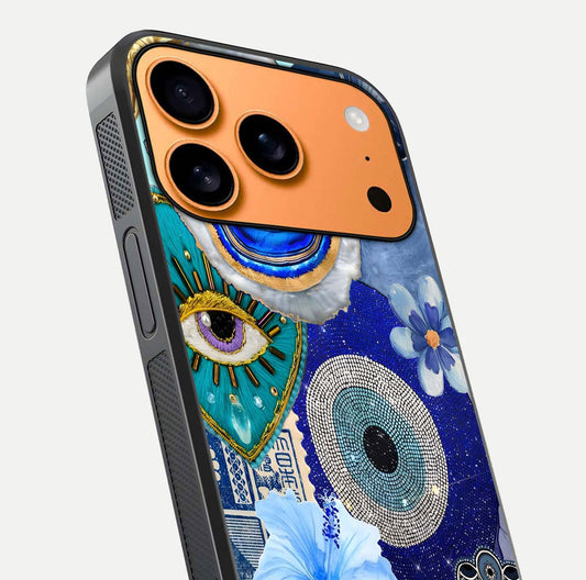 Celestial Blue Vision Glass Case for iPhone 17 Pro Max close-up shot highlighting reflection details and smooth edge polish