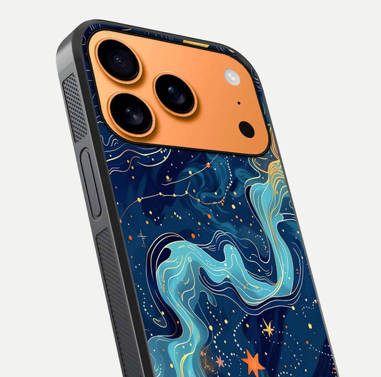 Celestial Dream Flow Glass Case for iPhone 17 Pro Max close-up highlighting star reflections and smooth glow gradient