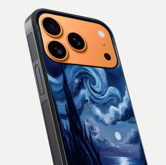 Celestial Dream Van Gogh Glass Case for iPhone 17 Pro Max close-up view capturing vivid brush details and star reflection