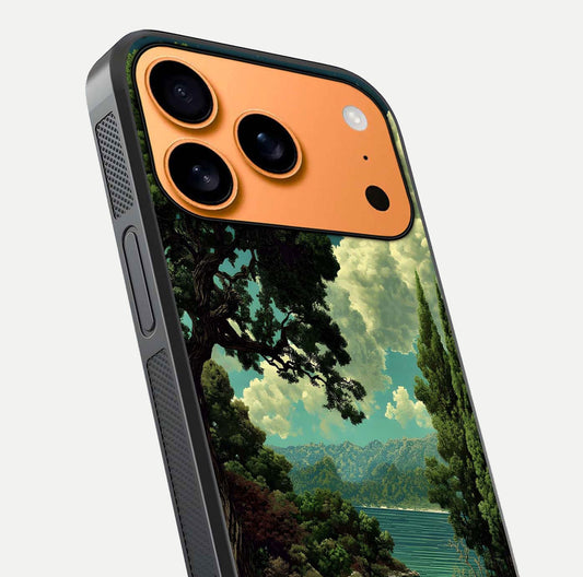 Celestial Lake Peace Glass Case for iPhone 17 Pro Max close-up highlighting moon reflection and glossy texture