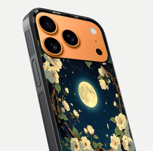 Celestial Moon & Flower Glass Case for iPhone 17 Pro Max close-up capturing petal reflection and moonlight contrast