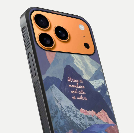 Celestial Mountain Calm Glass Case for iPhone 17 Pro Max close-up showing peak reflection and HD gloss texture
