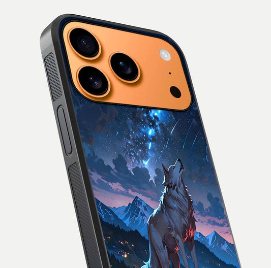 Celestial Wolf Howl Glass Case for iPhone 17 Pro Max close-up showing wolf silhouette and glowing moon reflection