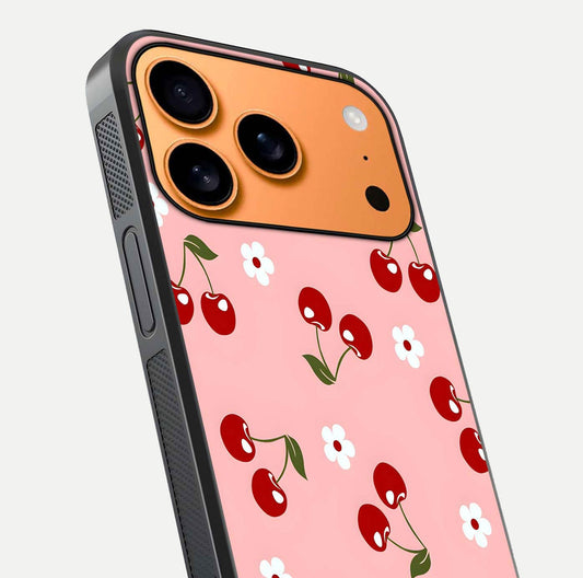 Cherry Love Mood Glass Case for iPhone 17 Pro Max close-up highlighting cherry heart pattern and reflection shine