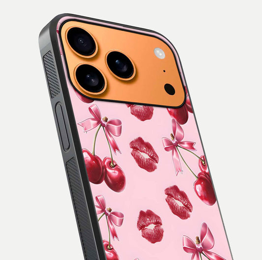 Cherry With Lips Glass Case for iPhone 17 Pro Max close-up view highlighting lips texture and reflection shine