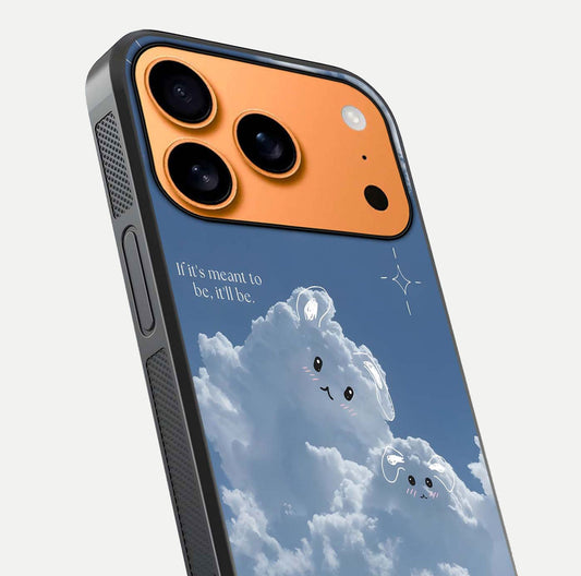 Cloud Bunny Dreams Glass Case for iPhone 17 Pro Max close-up showing bunny art, dreamy clouds, and HD shine