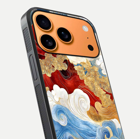 Colored Waves Glass Case for iPhone 17 Pro Max close-up angled shot highlighting gradient flow and light reflection