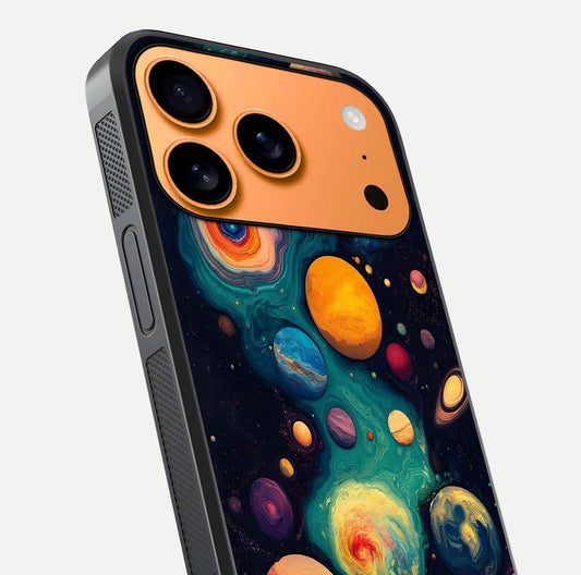 Cosmic Planet Journey Glass Case for iPhone 17 Pro Max close-up highlighting planets, stars, and shine reflection