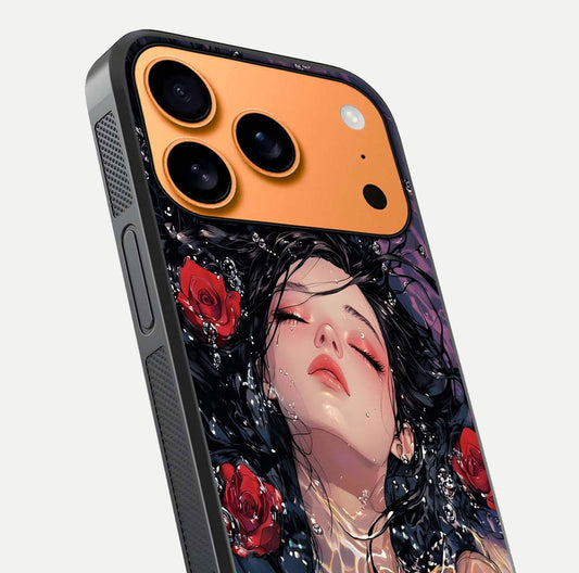 Crimson Rose Serenity Glass Case for iPhone 17 Pro Max close-up highlighting rose gradient and reflection detail