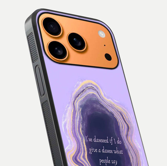 Damned People Quote Glass Case for iPhone 17 Pro Max close-up highlighting quote text and reflection depth